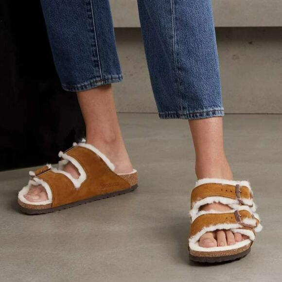 Birkenstock Arizona Shearling Suede Sandals Brown 39 Narrow (8-8.5) - Picture 2 of 8